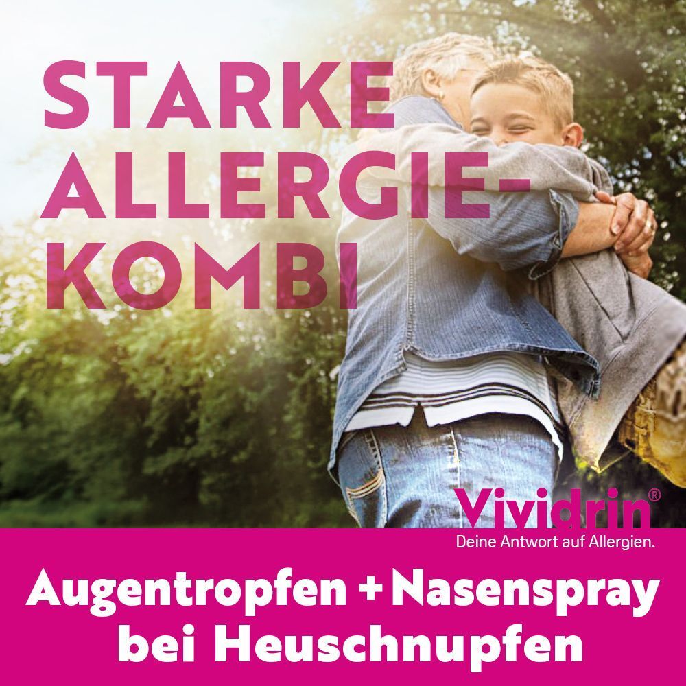 Vividrin Azelastin Kombipackung: Augentropfen + Nasenspray bei Heuschnupfen. Großeltern und Kind umarmen sich.