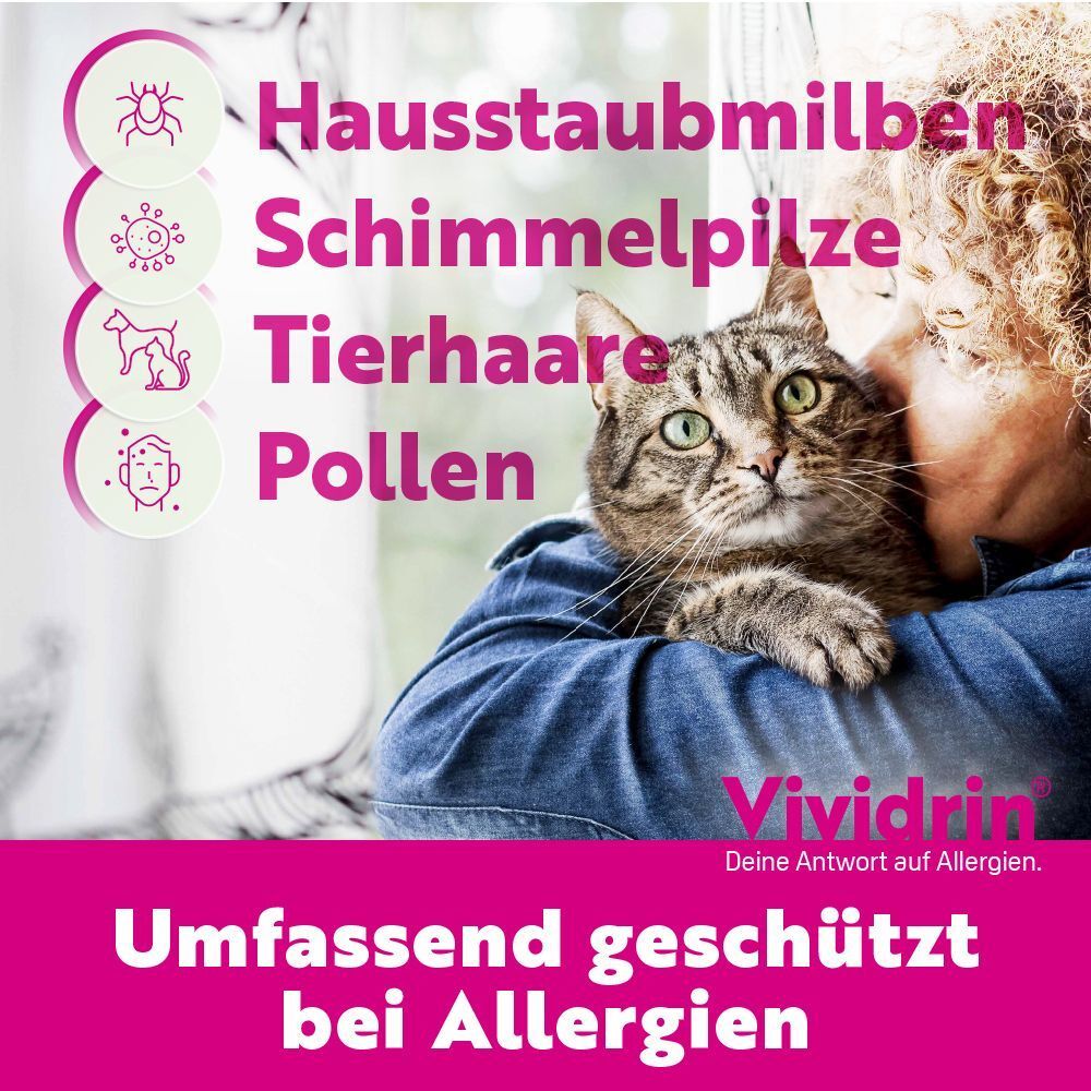 Vividrin: Umfassend geschützt bei Allergien gegen Hausstaubmilben, Schimmelpilze, Tierhaare, Pollen. Frau mit Katze.