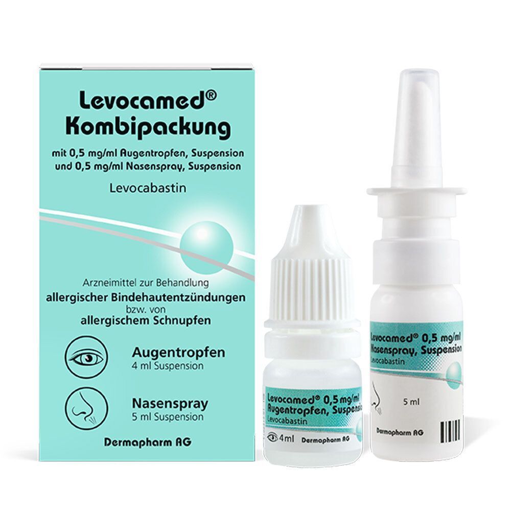 Levocamed Kombipackung: Packung, Augentropfenflasche (4ml) und Nasenspray (5ml).