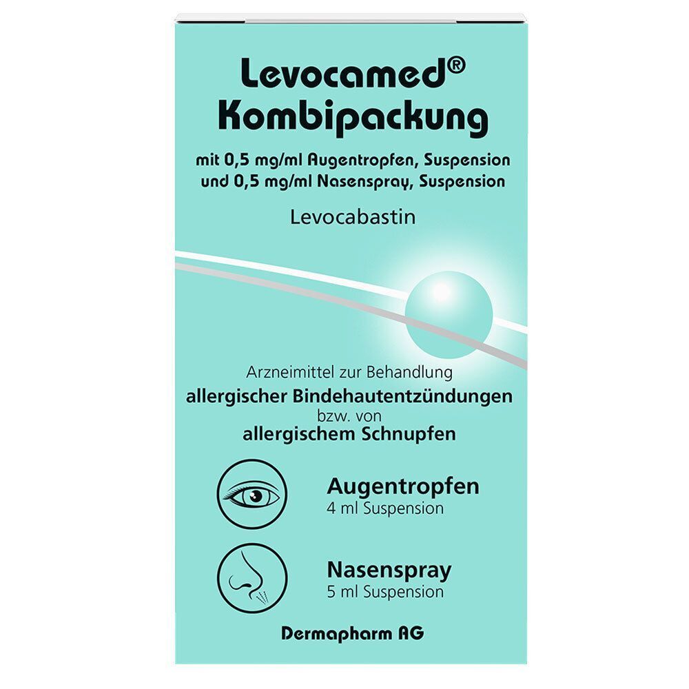 Vorderseite der Levocamed Kombipackung mit Informationen zu Augentropfen und Nasenspray.