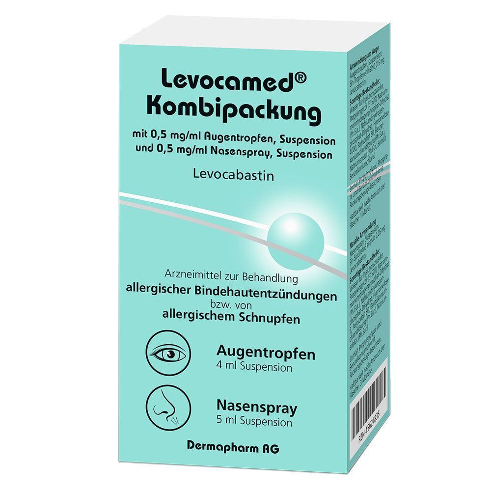Levocamed Kombipackung mit Augentropfen (4ml) und Nasenspray (5ml) auf türkiser Verpackung.