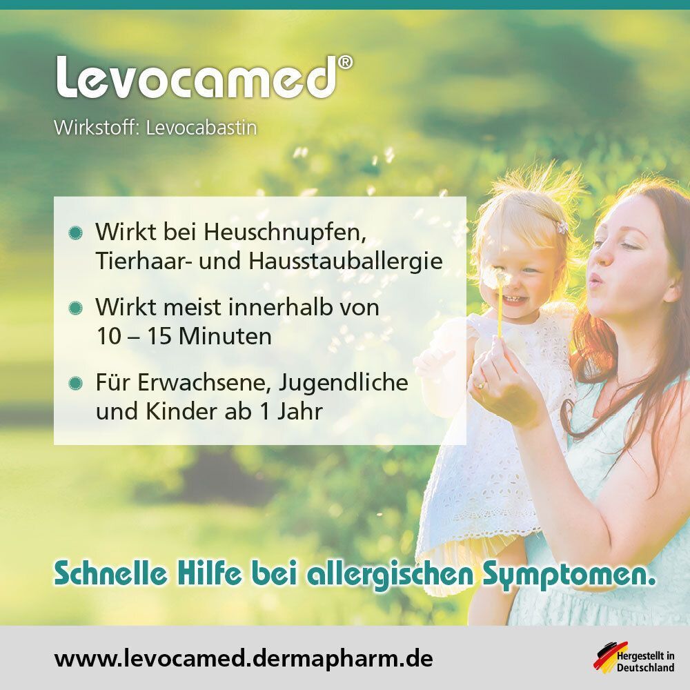 Frau und Kind im Freien, Levocamed Werbung mit Text zu Heuschnupfen, Tierhaar- und Hausstauballergie.