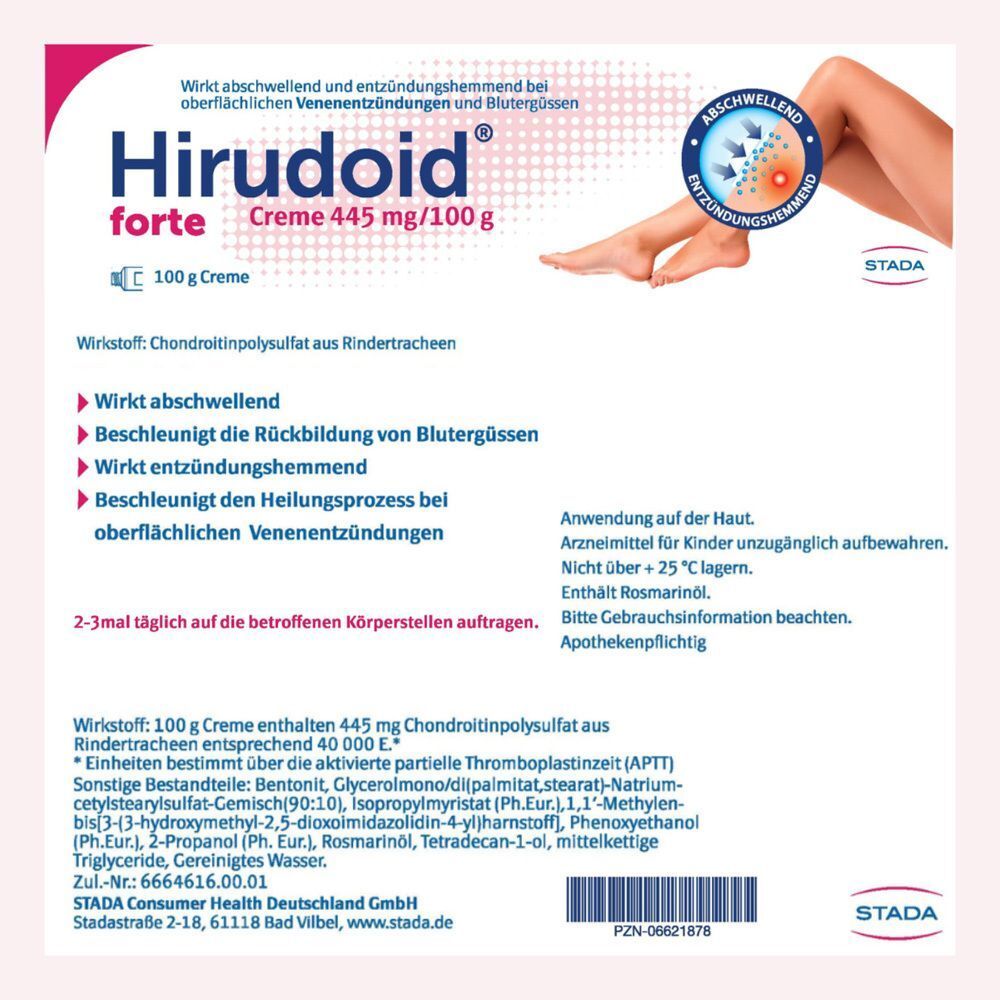 Packung Hirudoid® FORTE Creme mit detaillierten Anwendungsinformationen und Abbildung von Beinen.