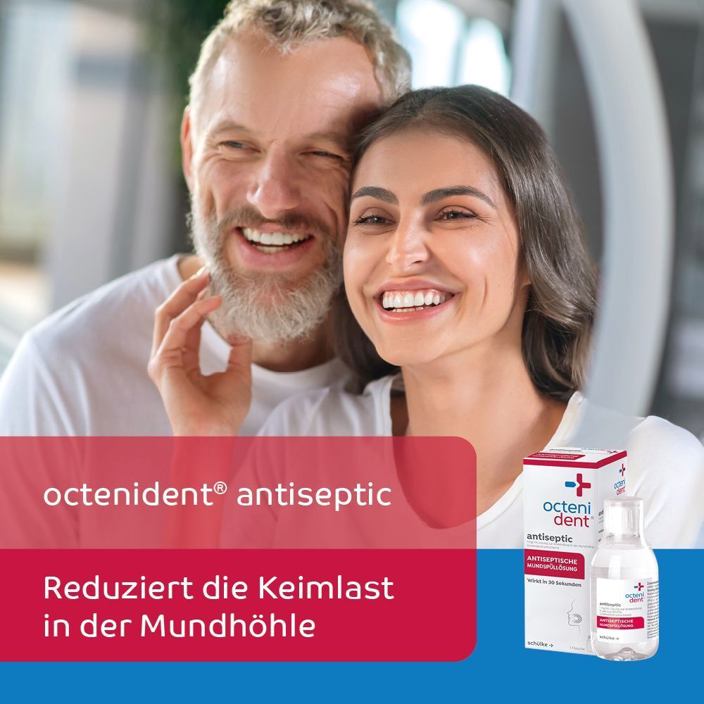 Ein Paar lacht, daneben eine Flasche und Schachtel octenident® Antiseptic.
