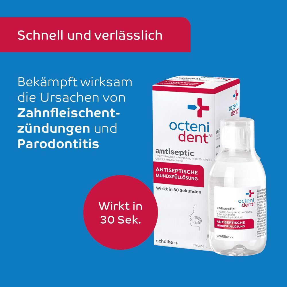 Flasche und Schachtel octenident® Antiseptic Mundspüllösung. Wirkt in 30 Sek.