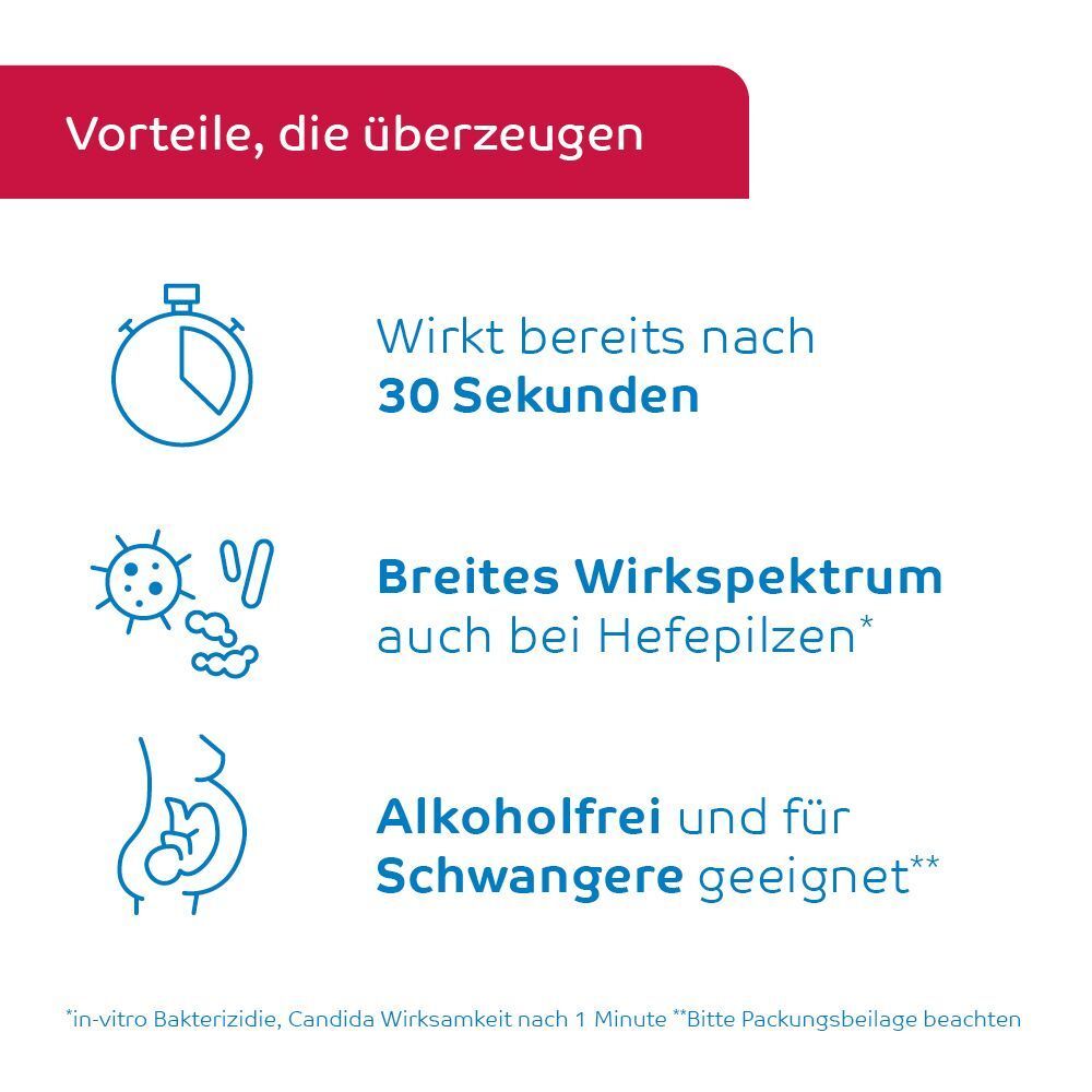 Vorteile von octenident®: Wirkt nach 30 Sek., breites Spektrum, alkoholfrei, für Schwangere.