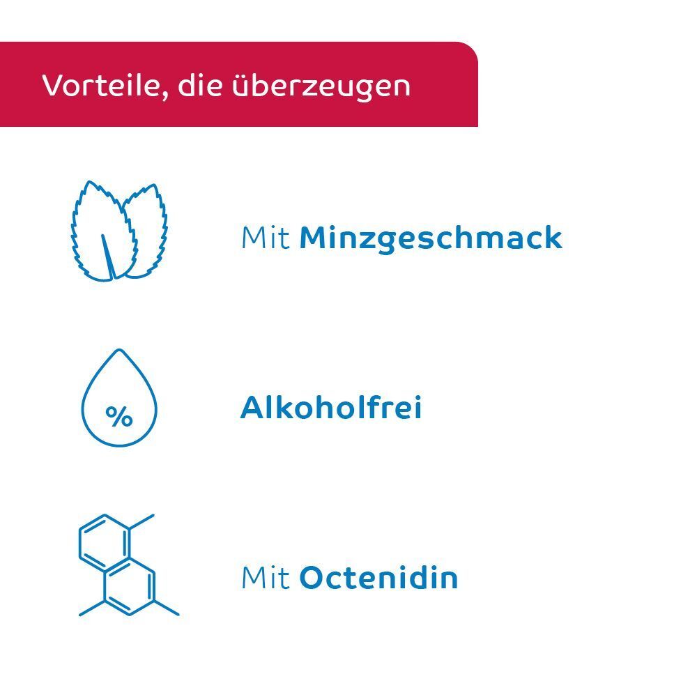 Vorteile octenident®: Minzgeschmack, alkoholfrei, mit Octenidin.