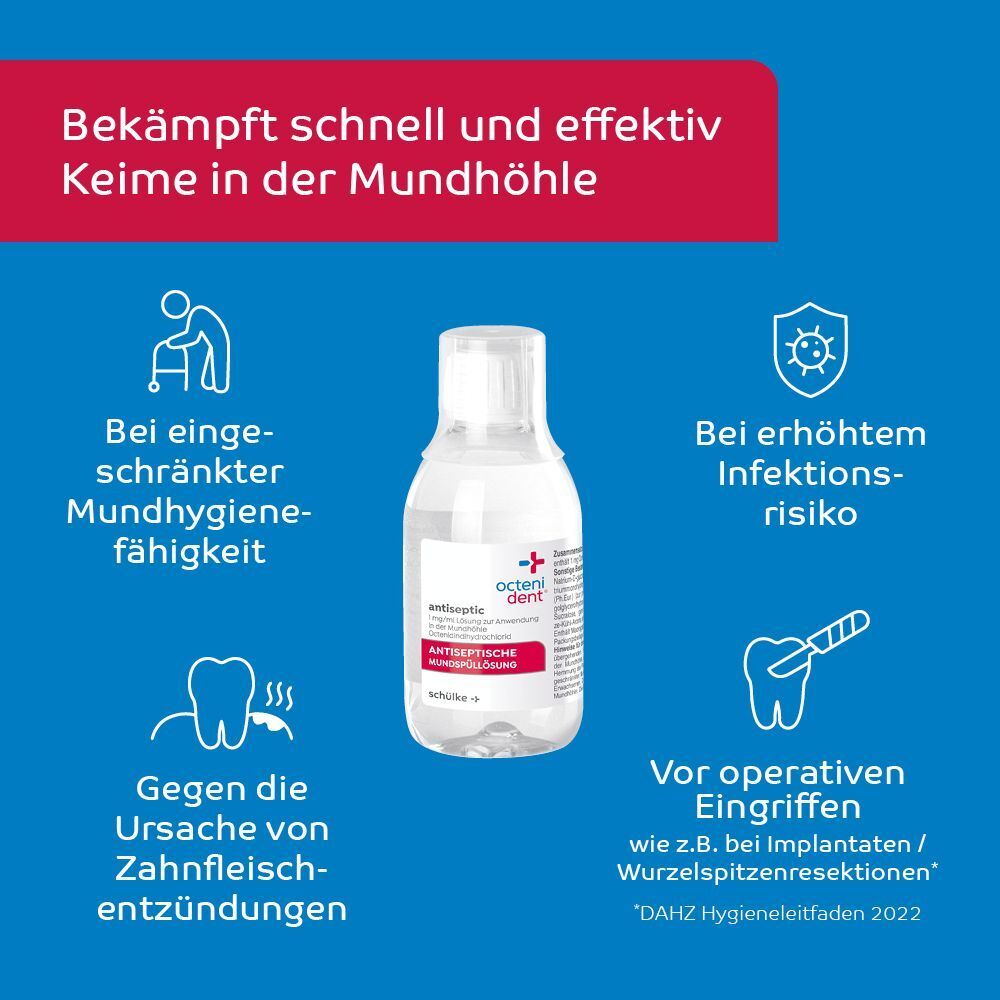 Flasche octenident® Antiseptic. Bekämpft Keime bei eingeschränkter Mundhygiene, Infektionsrisiko, Zahnfleischentzündungen, vor Eingriffen.