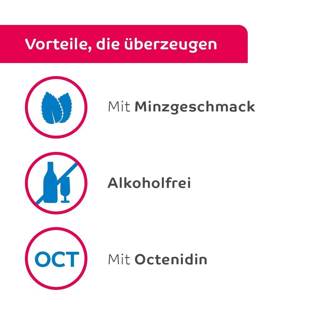 Vorteile octenident®: Minzgeschmack, alkoholfrei, mit Octenidin.