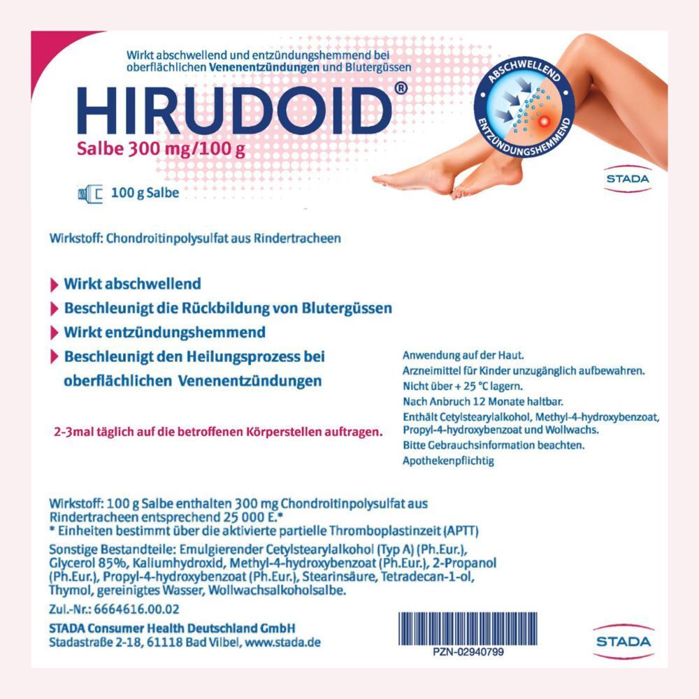 Packung HIRUDOID Salbe 300 mg/100 g mit detaillierten Anwendungshinweisen und Inhaltsstoffen.