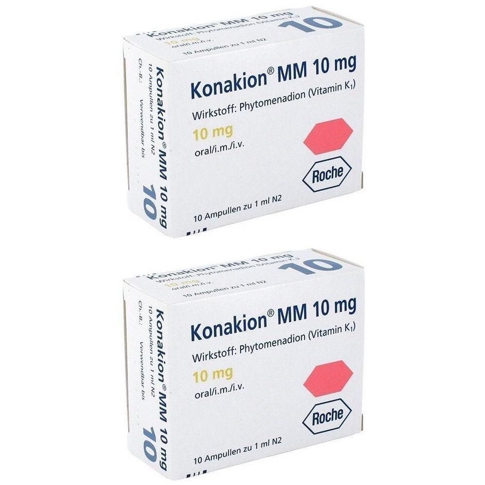 Zwei Schachteln Konakion® MM 10 mg, Phytomenadion (Vitamin K₁). Enthält 10 Ampullen zu je 1 ml.