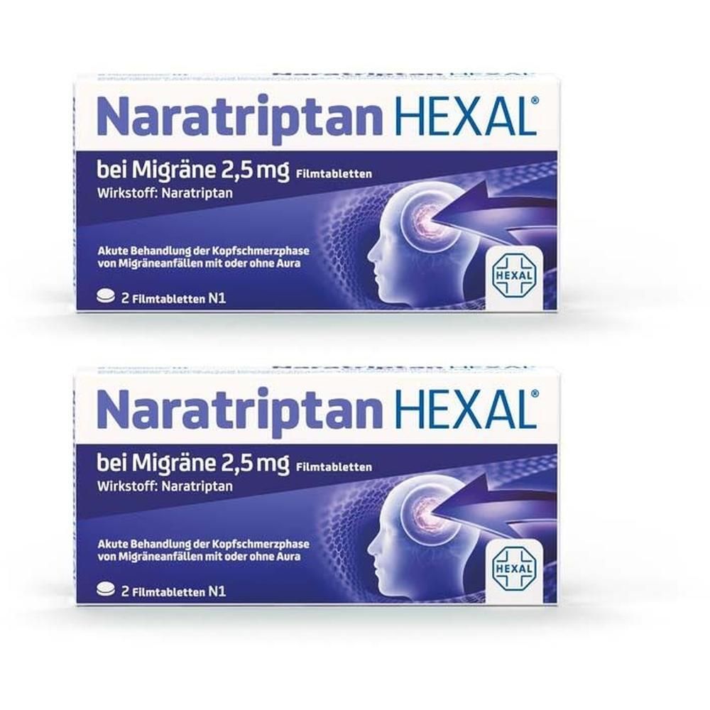 Naratriptan HEXAL® 2,5 mg Filmtabletten, Packung mit 2 Filmtabletten.