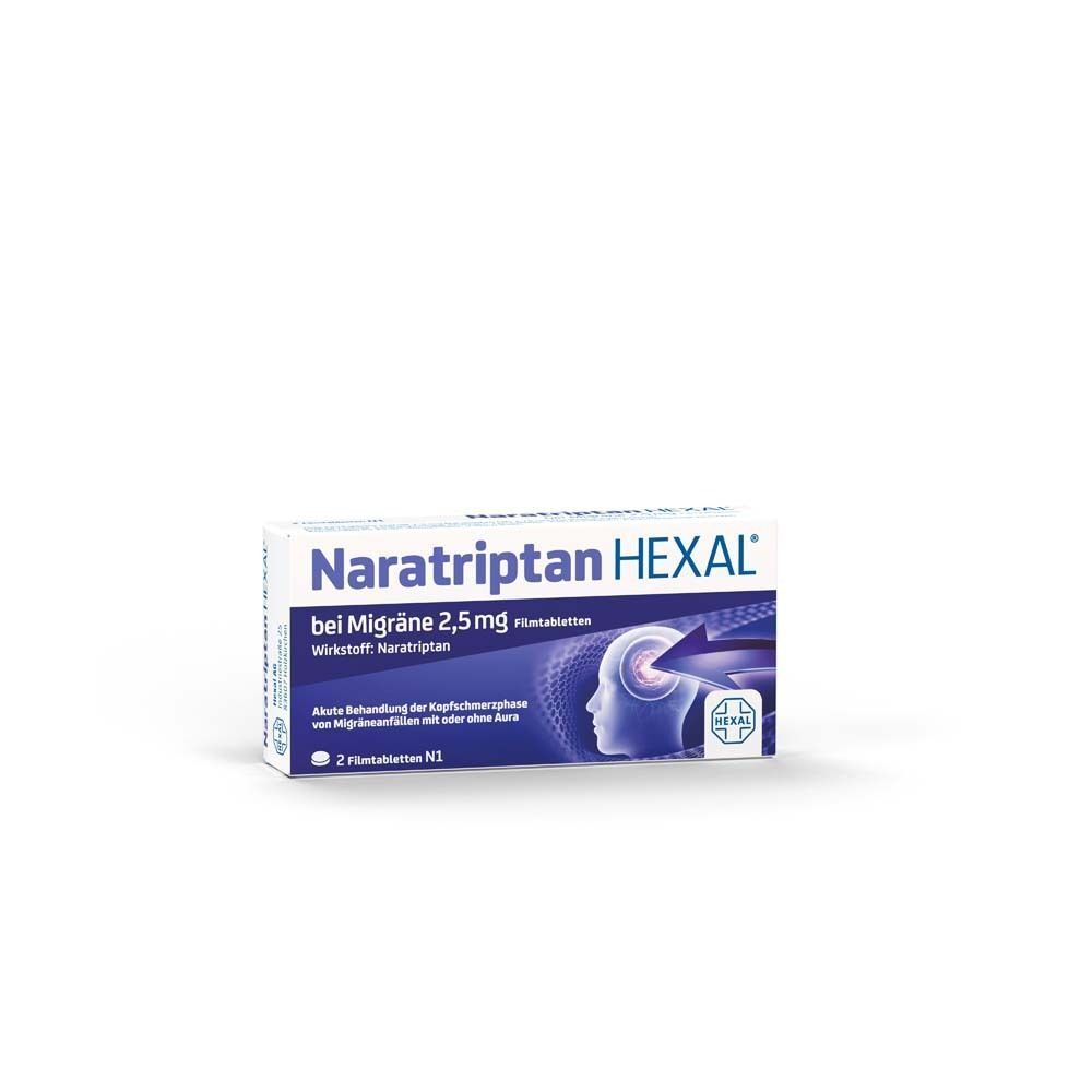 Naratriptan HEXAL® 2,5 mg Filmtabletten, Packung mit 2 Filmtabletten.