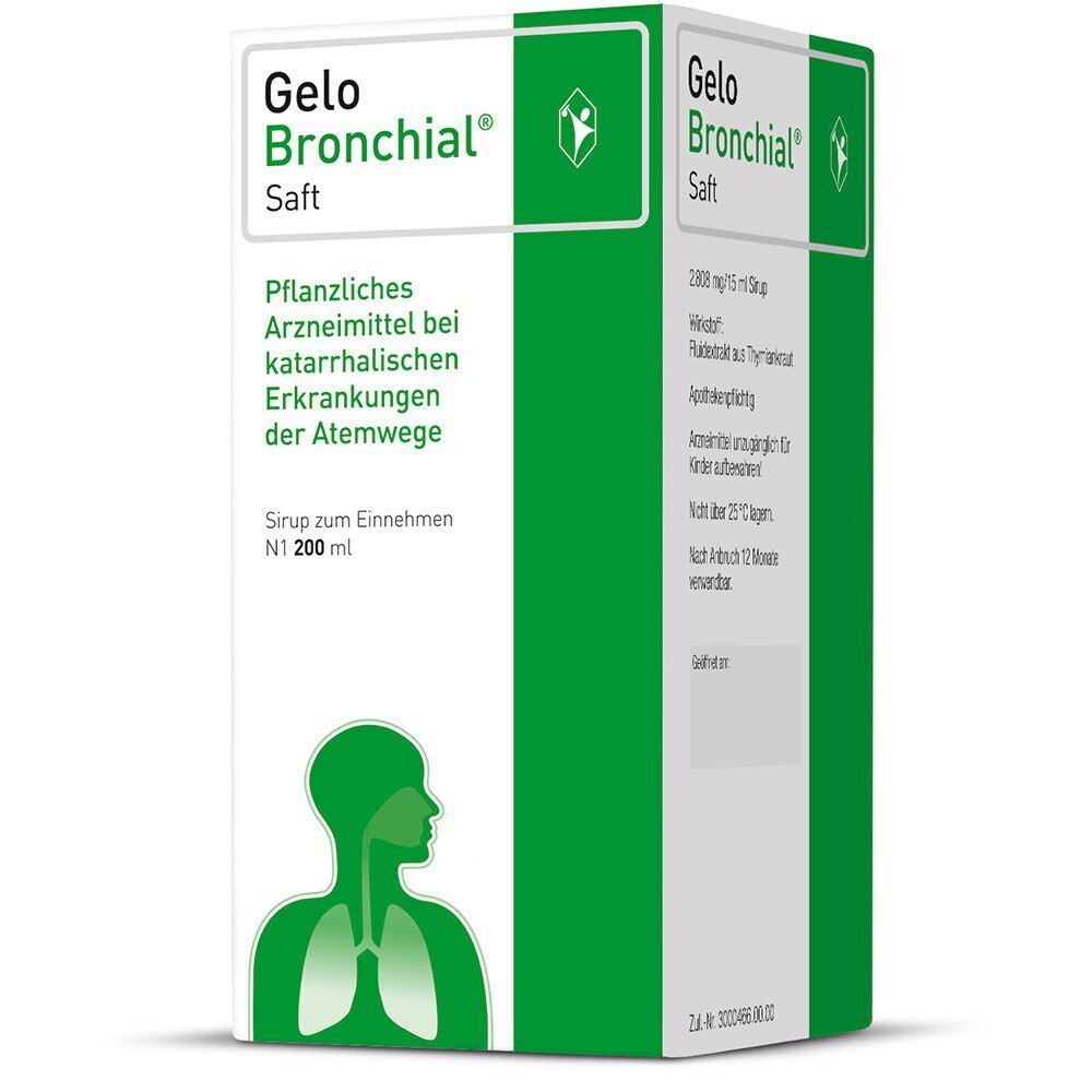 Eine Packung GeloBronchial Saft, pflanzliches Arzneimittel bei katarrhalischen Erkrankungen der Atemwege.