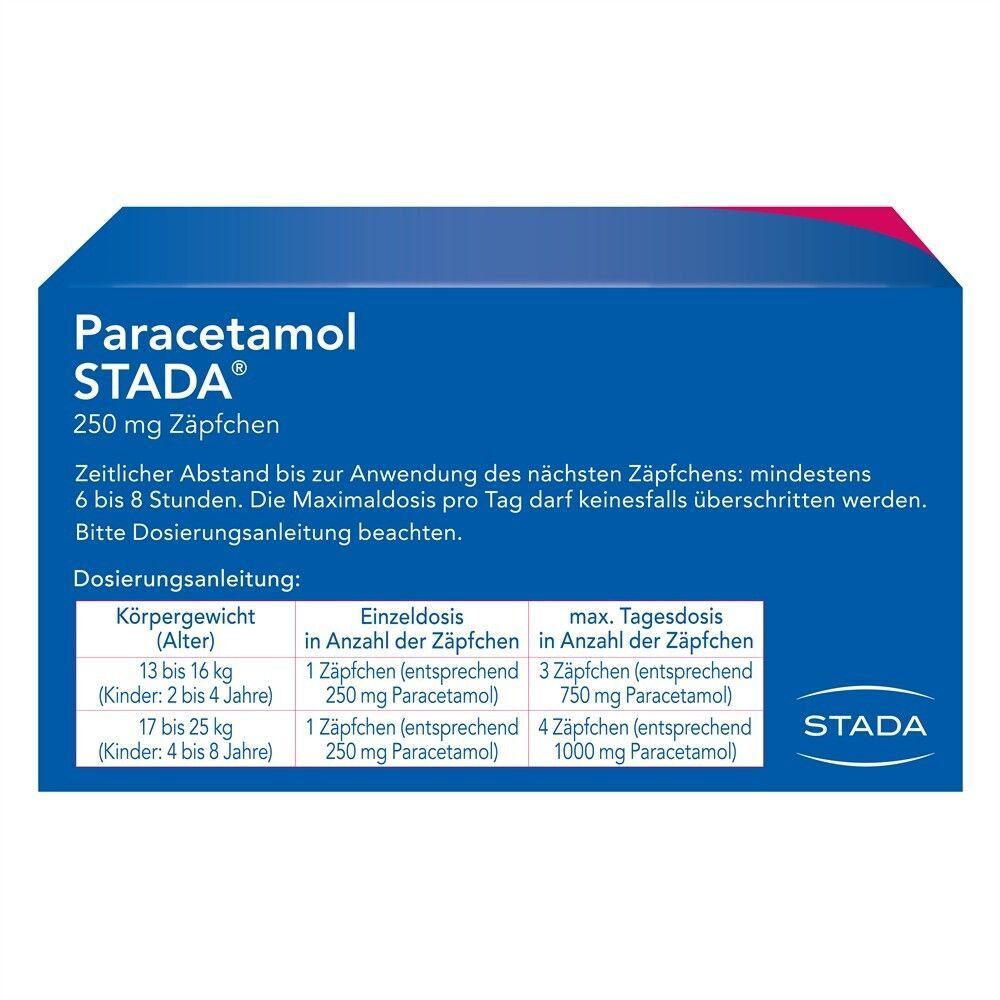 Rückseite einer Packung Paracetamol STADA® 250 mg Zäpfchen mit Dosierungsanleitung für Kinder.