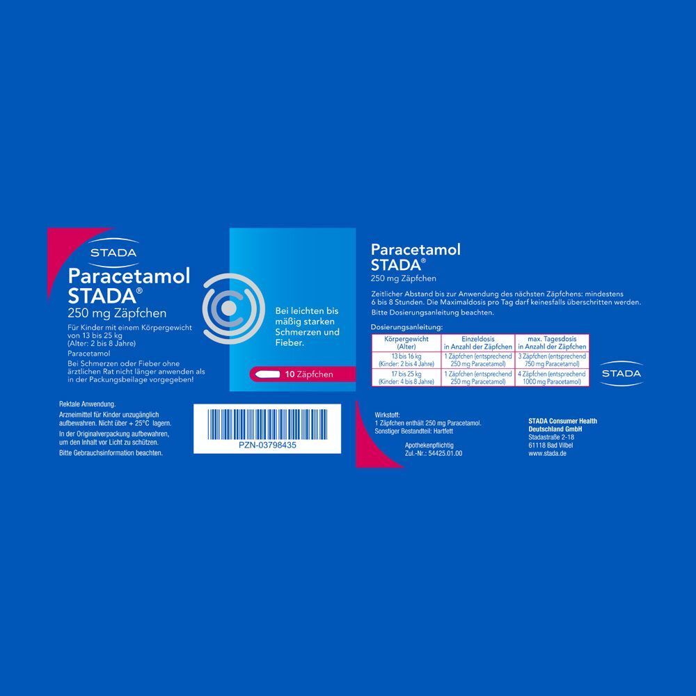 Seitenansicht einer Paracetamol STADA® 250 mg Zäpfchen Packung mit PZN und Barcode.