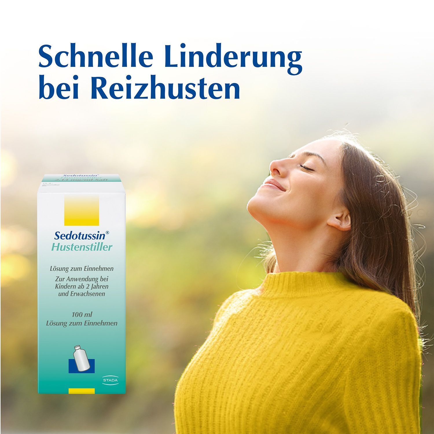 Frau atmet tief durch mit Sedotussin Hustenstiller Packung.