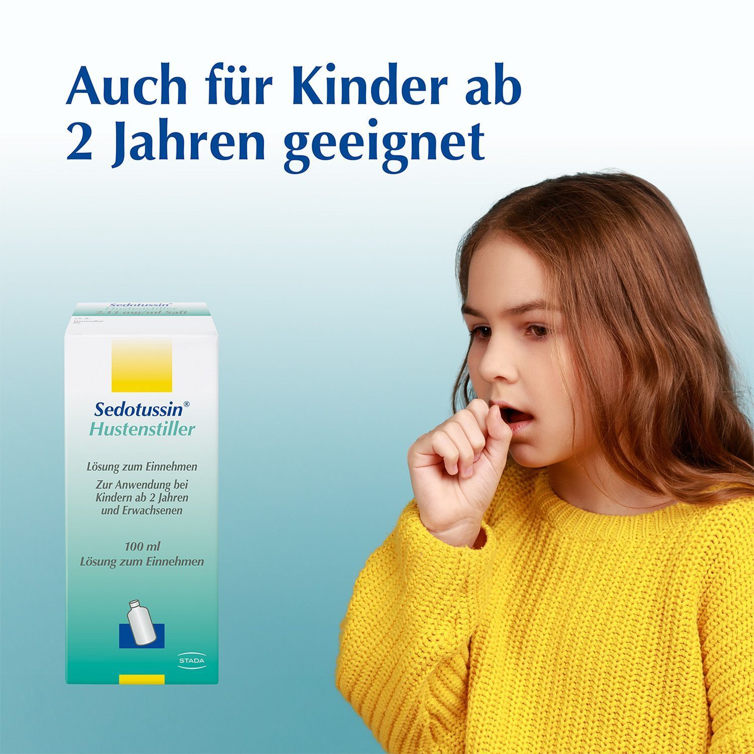 Kind hustet mit Sedotussin Hustenstiller Packung.