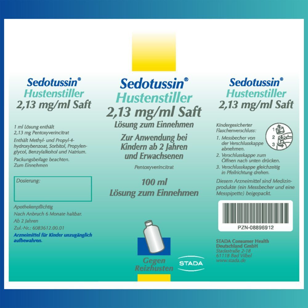Etikett Sedotussin Hustenstiller Saft 100 ml mit Dosierhilfe.