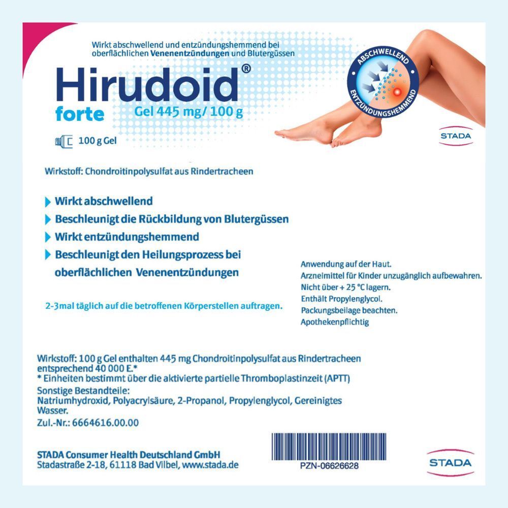 Hirudoid® FORTE Gel 100g Tube mit detaillierter Produktinformation und Abbildung.