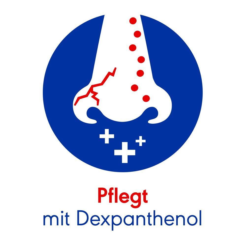 Symbol: Nase mit Rissen und roten Punkten. Text: Pflegt mit Dexpanthenol.