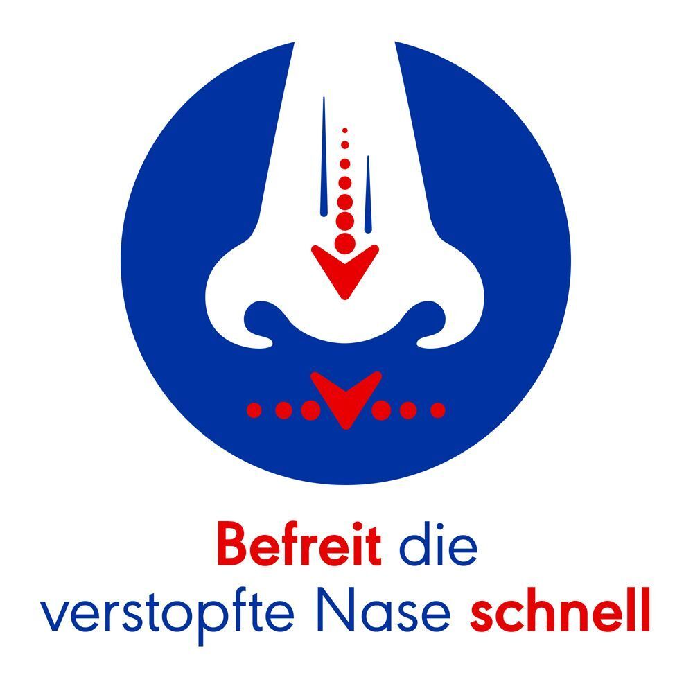Symbol: Nase mit Pfeil nach unten. Text: Befreit die verstopfte Nase schnell.
