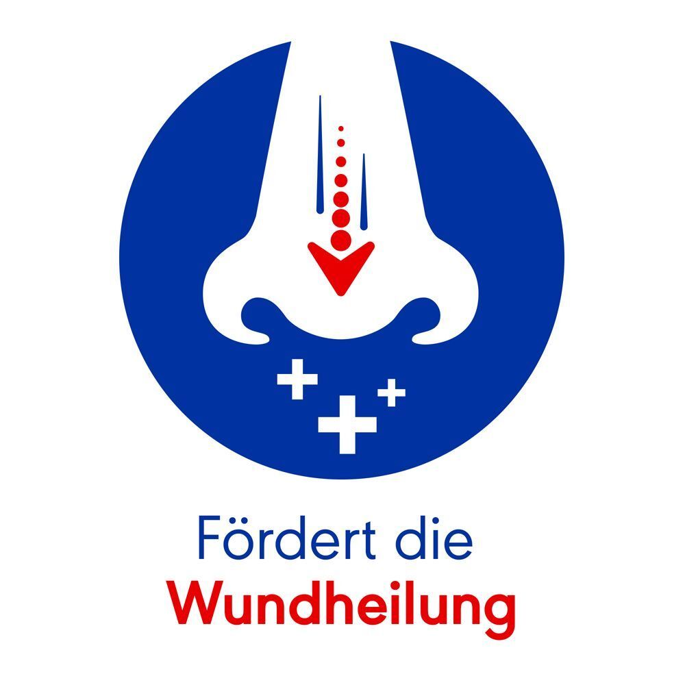 Symbol: Nase mit Pfeil und Kreuzen. Text: Fördert die Wundheilung.