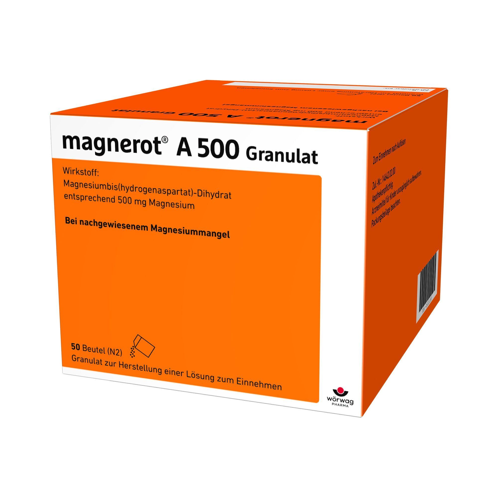 Packung magnerot® A 500 Granulat, orangefarben mit weißer Beschriftung und Dosierungsangabe.
