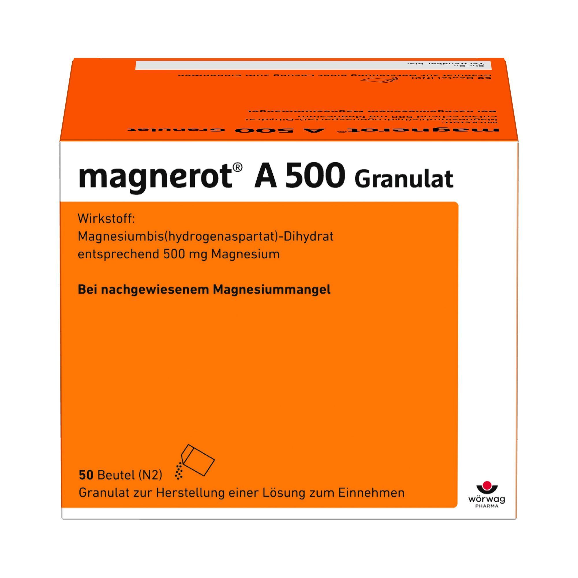 Packung magnerot® A 500 Granulat, orangefarben mit weißer Beschriftung, von der Seite gezeigt.