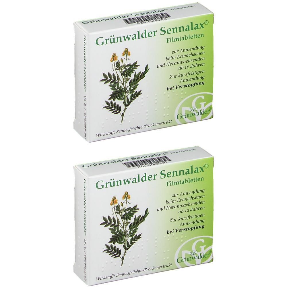 Zwei Packungen GRÜNWALDER Sennalax Filmtabletten mit Abbildung einer Pflanze und Textinformationen.