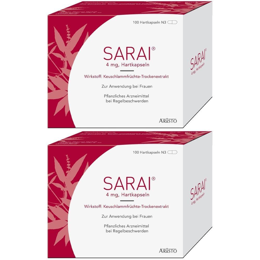Zwei Packungen Sarai® 4 mg Hartkapseln mit Pflanzenmotiv und Aristo-Logo.