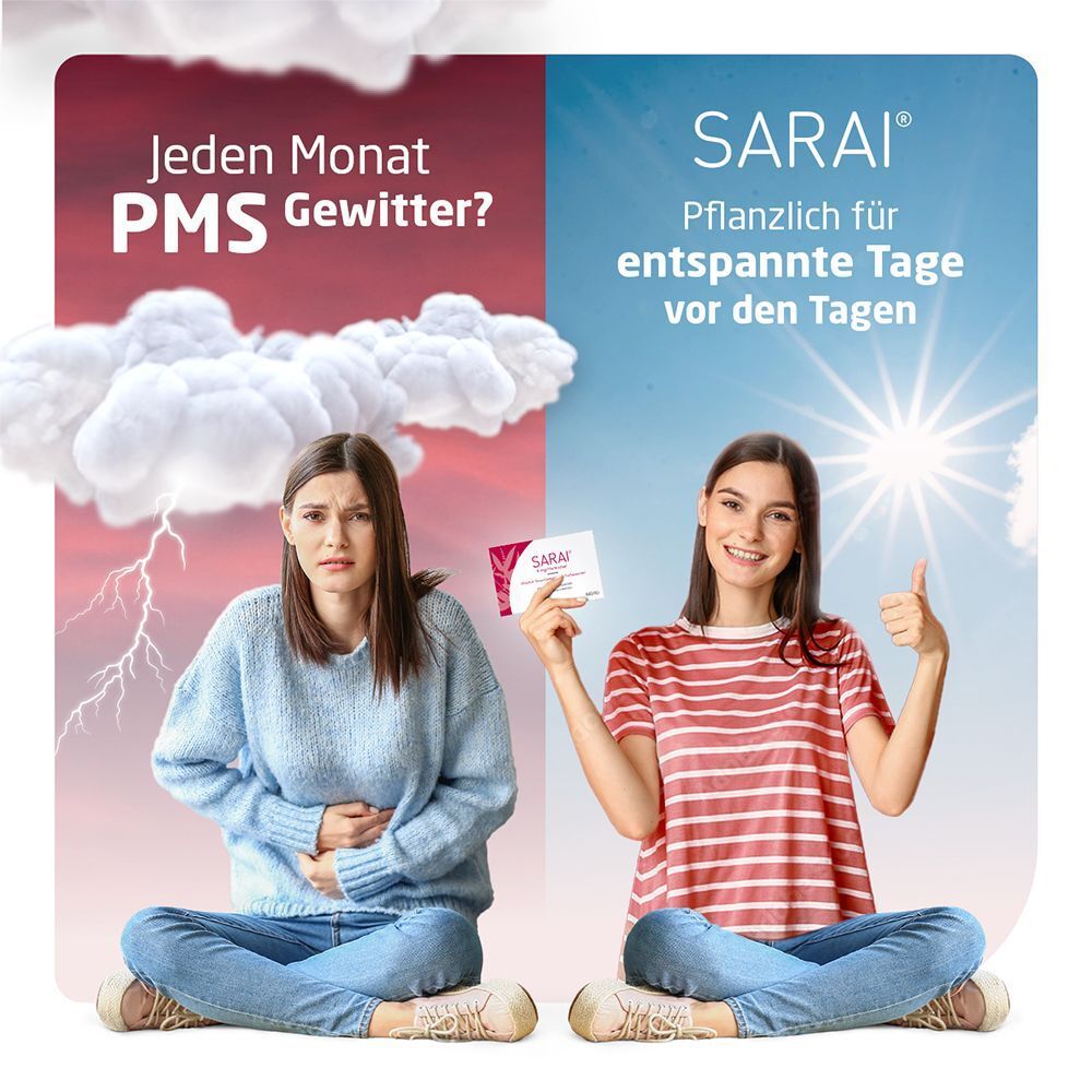 Frau mit PMS-Symptomen und Frau mit Daumen hoch, die Sarai®-Packung hält.