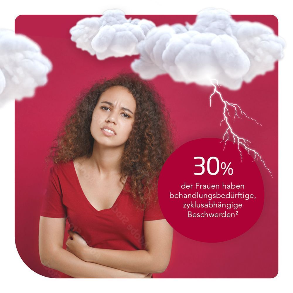 Junge Frau mit Bauchschmerzen unter Gewitterwolken, 30% der Frauen haben Beschwerden.