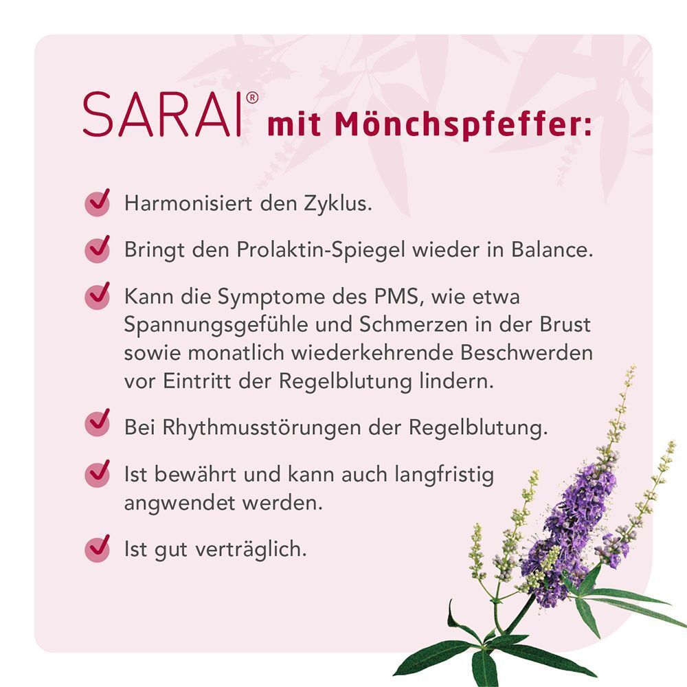 Liste mit Vorteilen von Sarai® mit Mönchspfeffer und einer Abbildung der Pflanze.