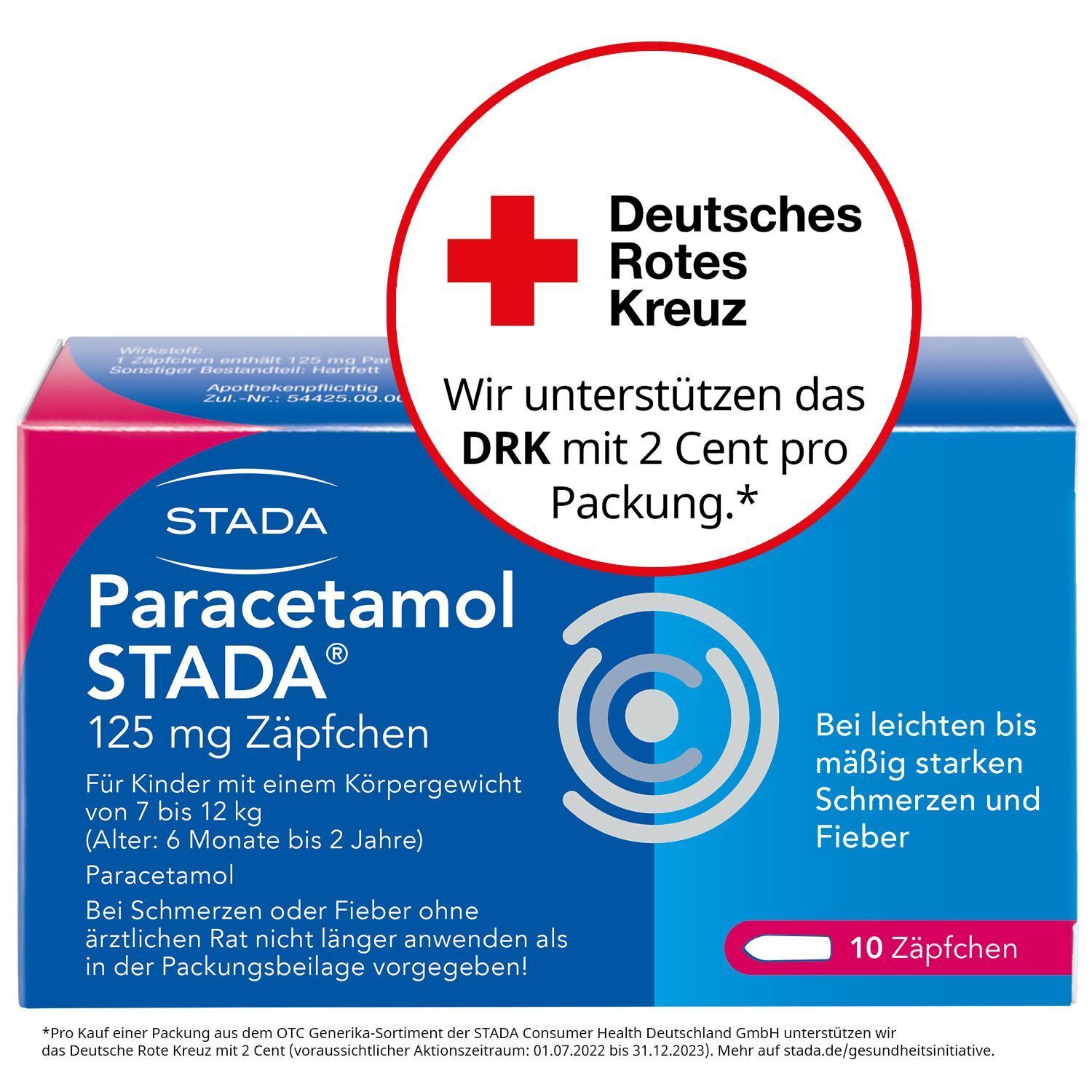 Packung Paracetamol STADA® 125 mg Zäpfchen mit Aufdruck 'Deutsches Rotes Kreuz'.