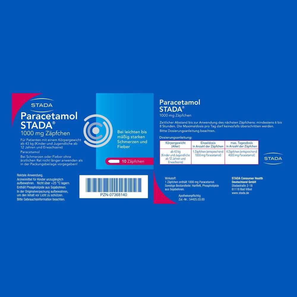 Rückseite einer Packung Paracetamol STADA® 1000 mg Zäpfchen mit PZN.