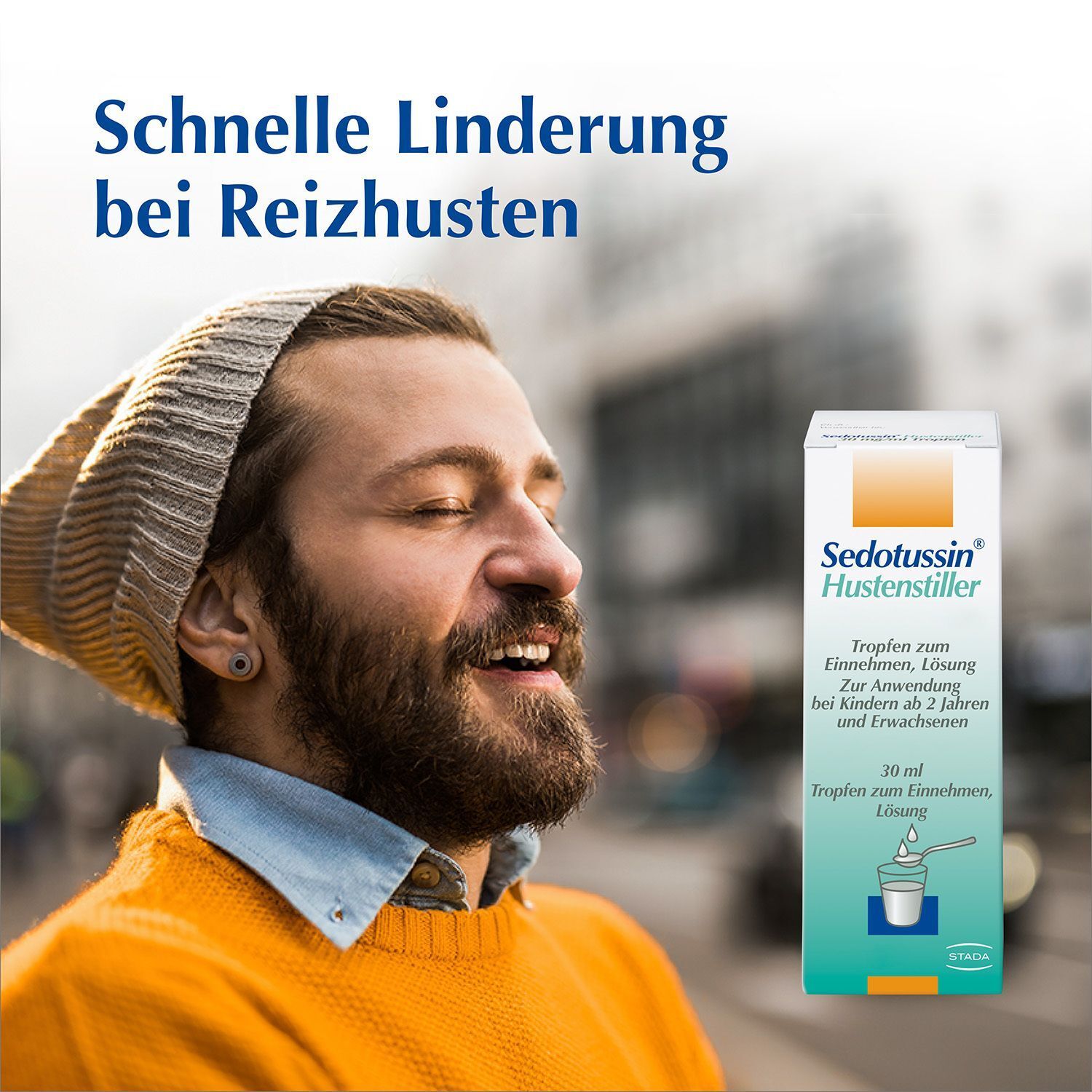 Mann mit Sedotussin Hustenstiller Tropfen Packung, schnelle Linderung bei Reizhusten.
