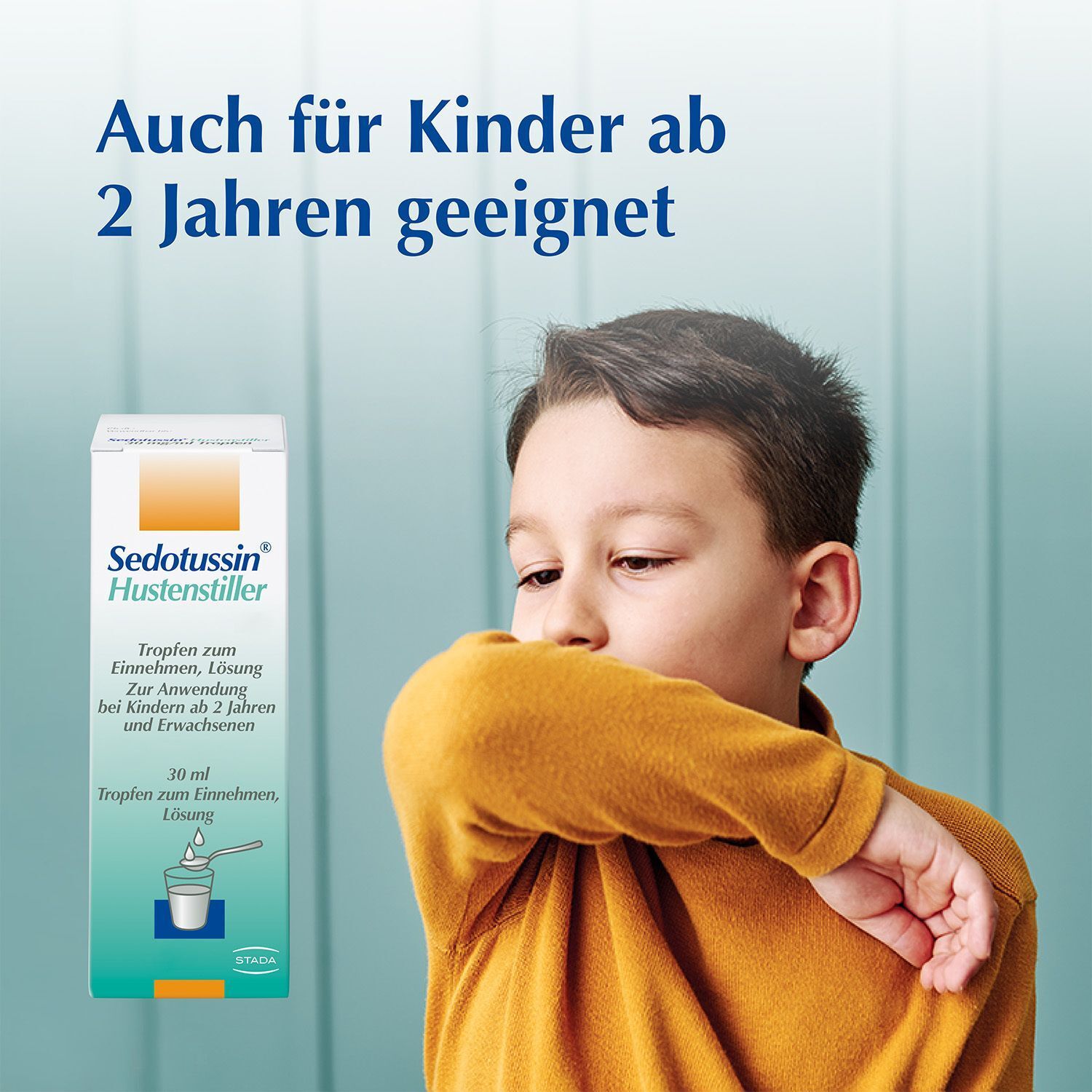 Kind mit Sedotussin Hustenstiller Tropfen Packung, auch für Kinder ab 2 Jahren geeignet.