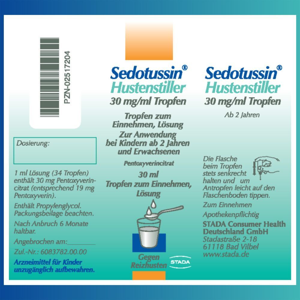 Etikett Sedotussin Hustenstiller Tropfen: 30 ml, Pentoxyverin, Dosierung, Anwendungshinweise.