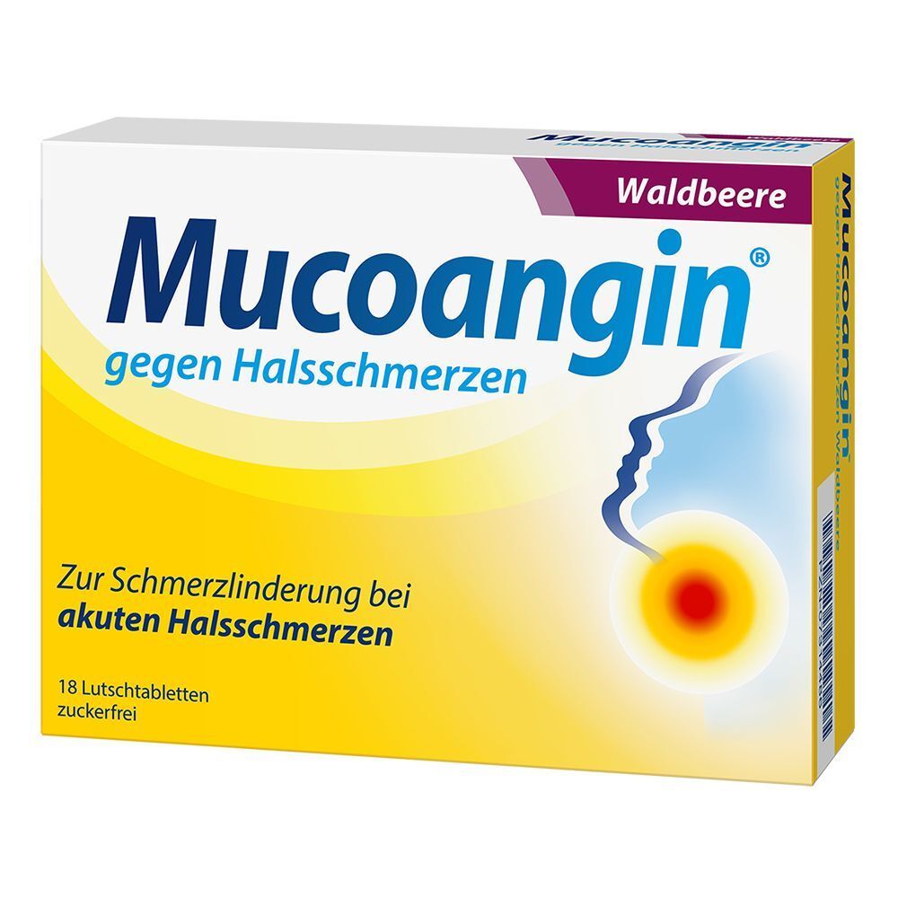 Packung Mucoangin Waldbeere Lutschtabletten gegen Halsschmerzen, zuckerfrei.