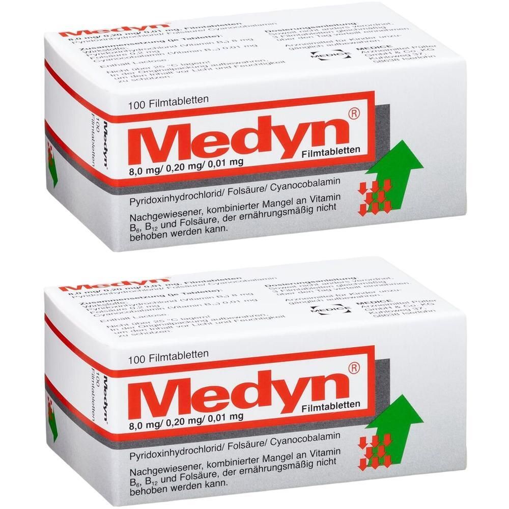 Zwei Packungen Medyn Filmtabletten, 100 Stück pro Packung. Enthält Vitamine B6, Folsäure, B12.
