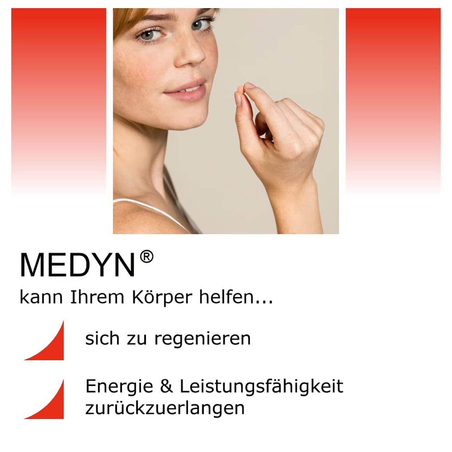 Frau nimmt eine Medyn Tablette ein. Medyn hilft dem Körper, sich zu regenerieren und Energie zurückzugewinnen.