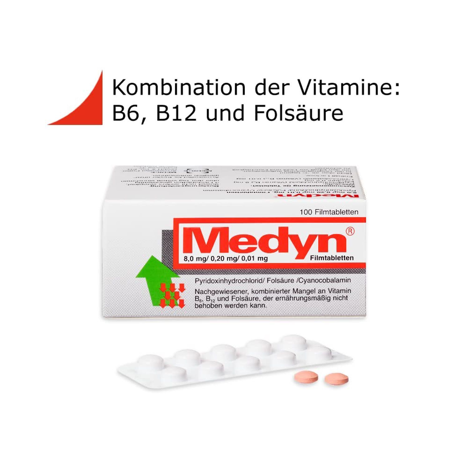 Medyn Filmtabletten Packung mit 100 Stück und Blisterpackung mit Tabletten. Enthält Vitamine B6, B12 und Folsäure.