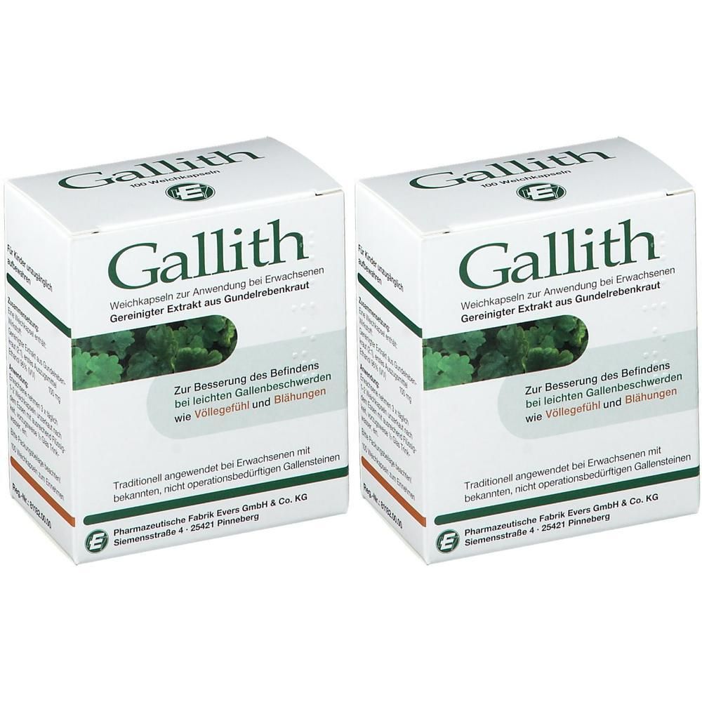 Zwei Packungen Gallith Weichkapseln mit Auszügen aus Gundelrebenkraut zur Linderung von Gallenbeschwerden.