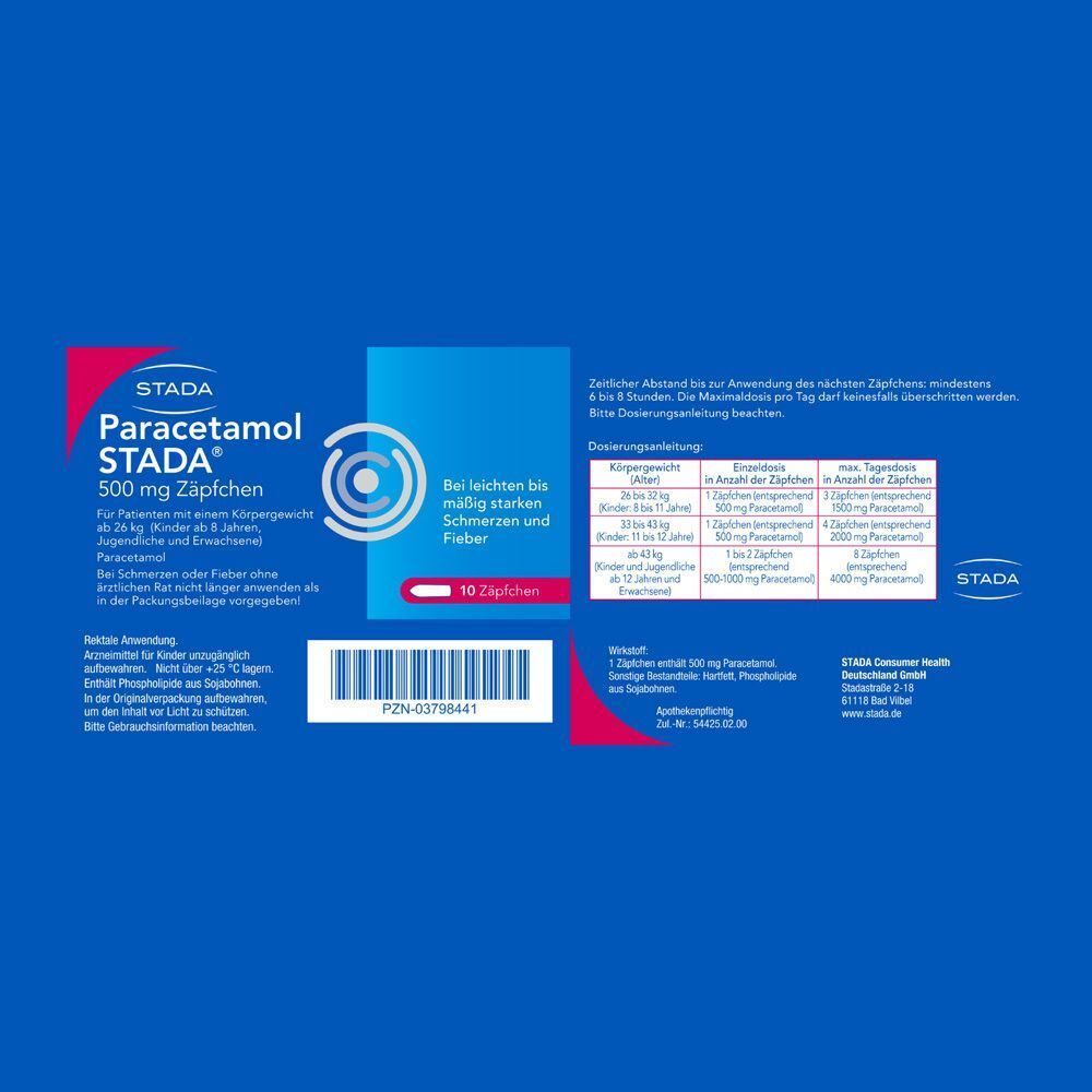 Rückseite einer Packung Paracetamol STADA 500 mg Zäpfchen mit Dosierungstabelle und Barcode.