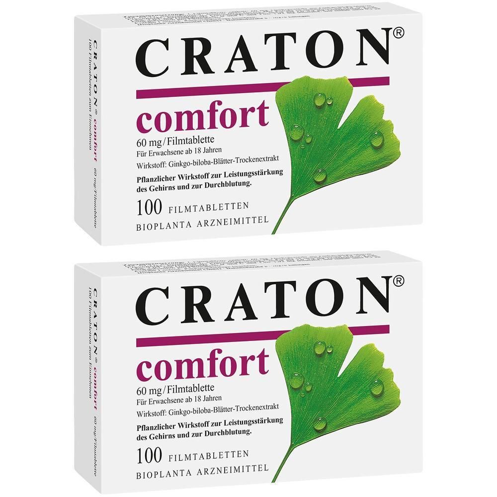 Zwei Schachteln Craton® Comfort Filmtabletten 60 mg mit Ginkoblatt-Motiv. Enthält 100 Filmtabletten.