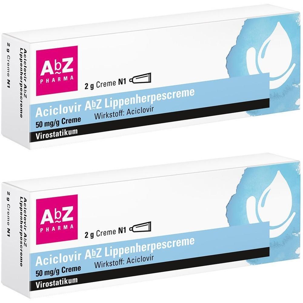 Zwei Packungen Aciclovir AbZ Lippenherpescreme, je 2g. Enthält 50 mg/g Creme, Wirkstoff Aciclovir.
