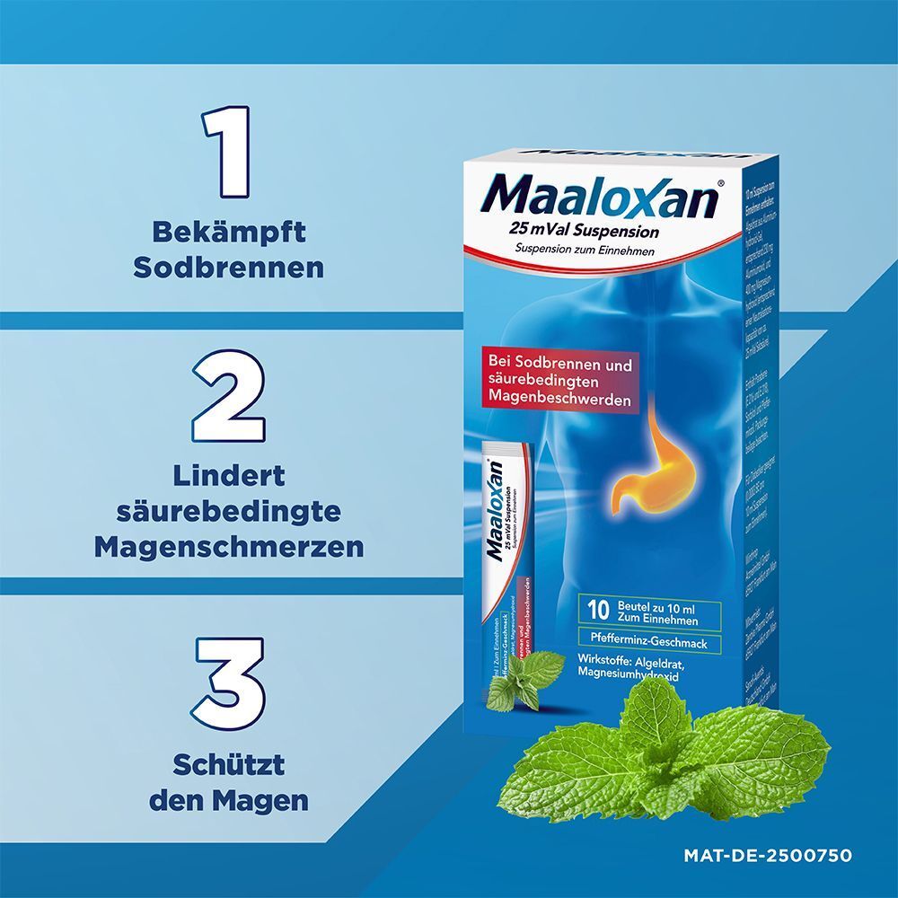Maaloxan Suspension 250 ml Packung mit drei Schritten: Sodbrennen bekämpfen, Magenschmerzen lindern, Magen schützen. Daneben eine Packung mit 10 Beuteln.