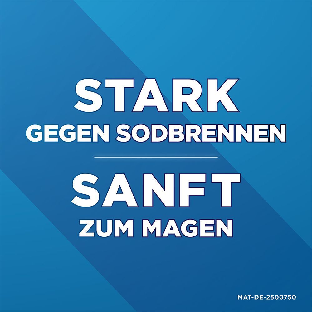 Text: Stark gegen Sodbrennen, Sanft zum Magen. Blaue Hintergrundgrafik.