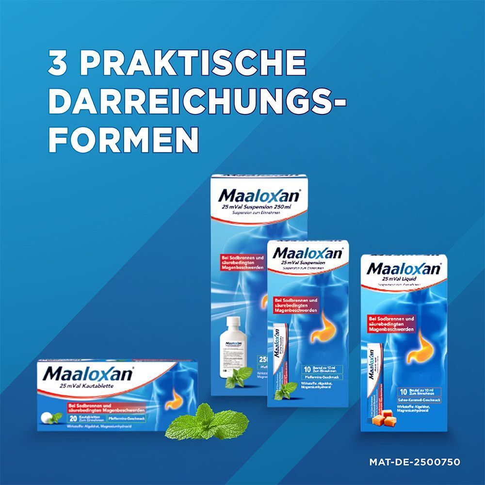Drei verschiedene Maaloxan-Verpackungen: Kautabletten, Suspension 250 ml und 10 Beutel à 10 ml. Daneben Minzblätter.